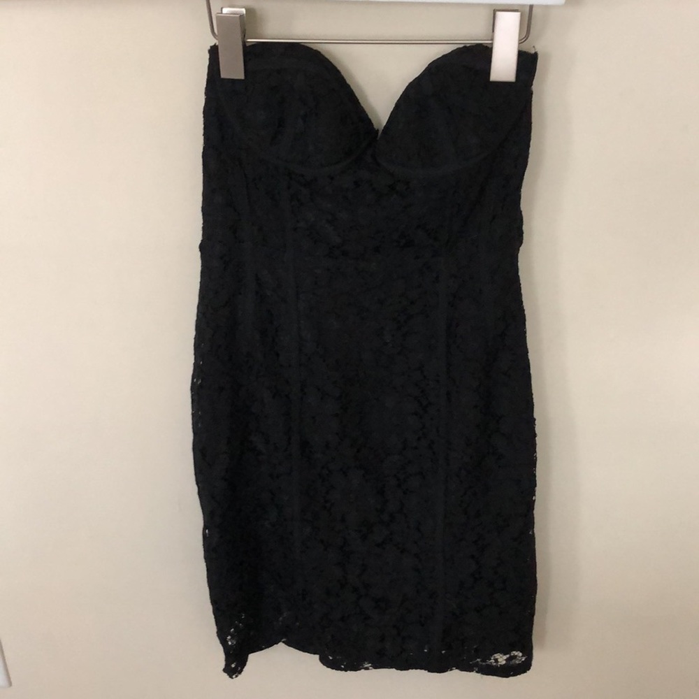 Strapless black lace mini dress